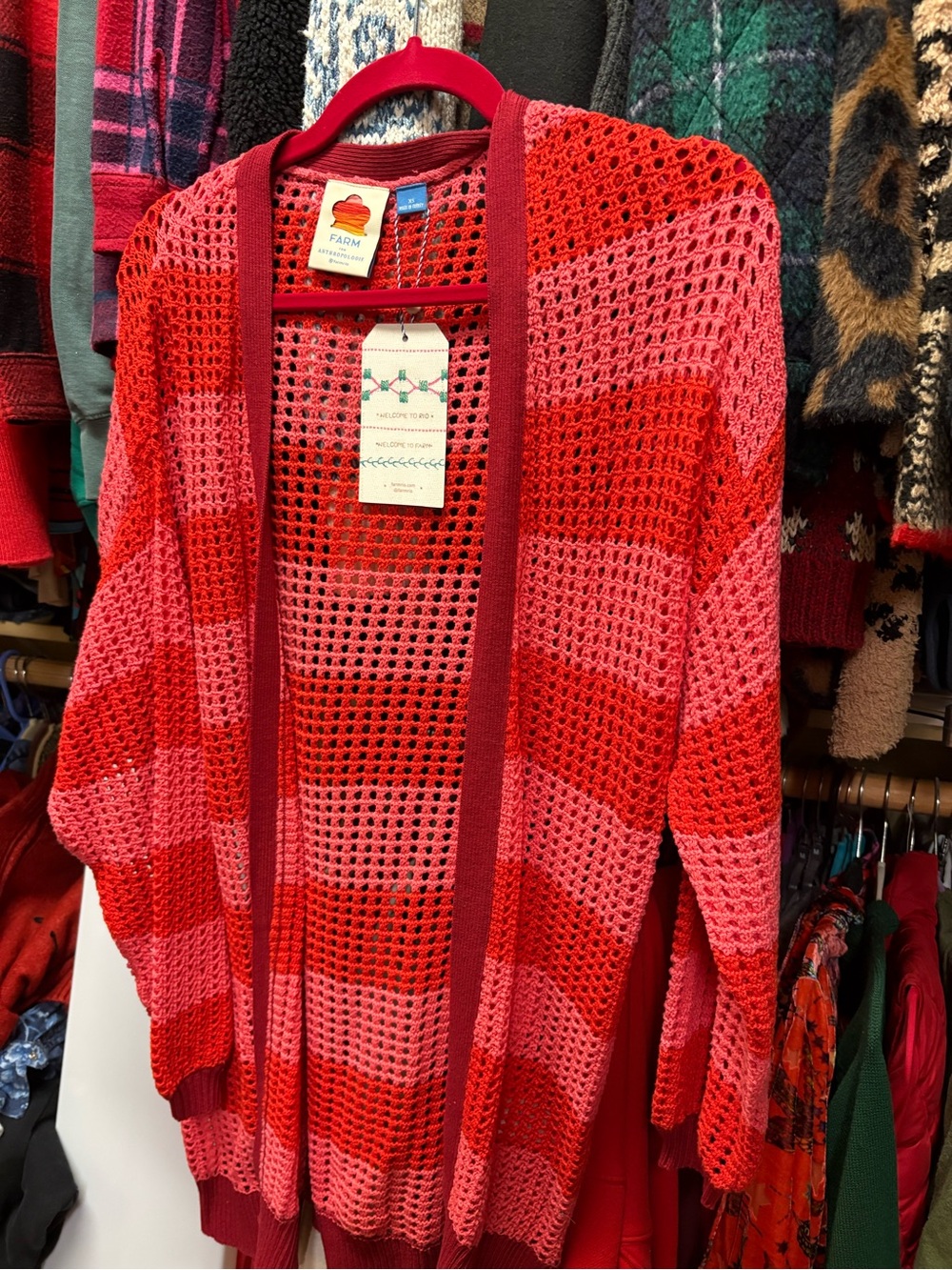 FARM Rio Open-Knit Striped Cardigan in Red and Pink